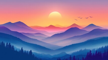 Colorful digital illustration of mountain landscape at sunrise
