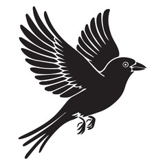 A minimalist, beautiful linocut illustration of a flying Grosbeak bird in silhouette. This black vector artwork captures the elegant form and graceful movement of the bird.