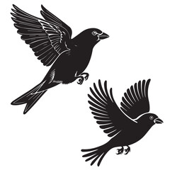 A minimalist, beautiful linocut illustration of a flying Grosbeak bird in silhouette. This black vector artwork captures the elegant form and graceful movement of the bird.