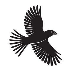 A minimalist, beautiful linocut illustration of a flying Grosbeak bird in silhouette. This black vector artwork captures the elegant form and graceful movement of the bird.