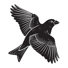 A minimalist, beautiful linocut illustration of a flying Grosbeak bird in silhouette. This black vector artwork captures the elegant form and graceful movement of the bird.
