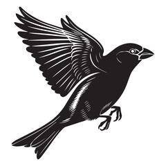 A minimalist, beautiful linocut illustration of a flying Grosbeak bird in silhouette. This black vector artwork captures the elegant form and graceful movement of the bird.