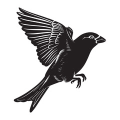 A minimalist, beautiful linocut illustration of a flying Grosbeak bird in silhouette. This black vector artwork captures the elegant form and graceful movement of the bird.
