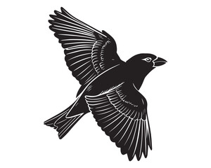 A minimalist, beautiful linocut illustration of a flying Grosbeak bird in silhouette. This black vector artwork captures the elegant form and graceful movement of the bird.