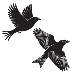 A minimalist, beautiful linocut illustration of a flying Grosbeak bird in silhouette. This black vector artwork captures the elegant form and graceful movement of the bird.