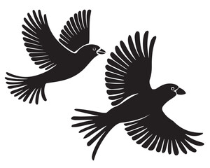 A minimalist, beautiful linocut illustration of a flying Grosbeak bird in silhouette. This black vector artwork captures the elegant form and graceful movement of the bird.