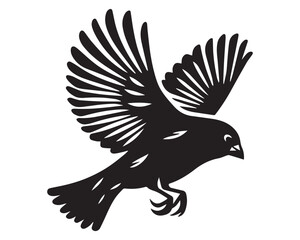 A minimalist, beautiful linocut illustration of a flying Grosbeak bird in silhouette. This black vector artwork captures the elegant form and graceful movement of the bird.