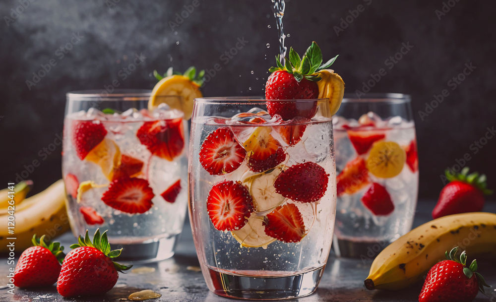 Poster three glasses of fruit juice with strawberries and bananas. the juice is cold and refreshing. the ba