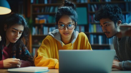 Asian teacher leader and multiethnic diverse young professional creative team students brainstorming discussing project at desk with in office classroom using laptop computer. Diversity.