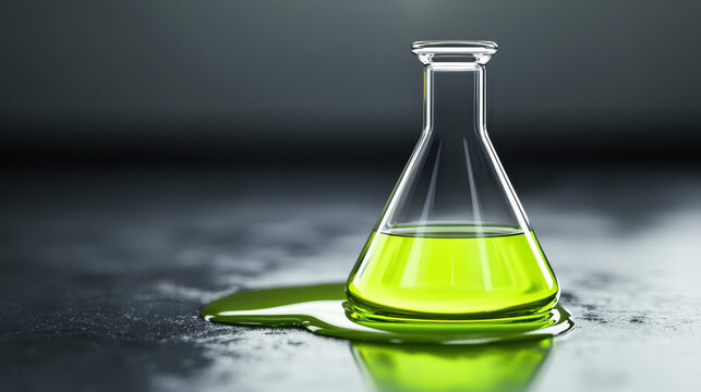 Spilled toxic chemical solution laboratory floor digital art mysterious environment close-up view glowing molecule compound