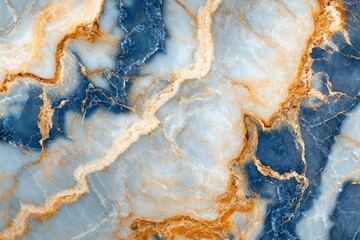 Fototapeta premium Abstract blue, gold, and white marble texture with swirling patterns and veins.