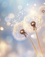 Magical dandelion wishes blowing in dreamy springtime breeze,Day of Hope