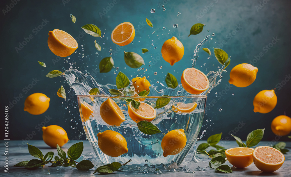 Aufkleber a bowl of lemons and water splashing out of it. the lemons are floating in the water and some are fa