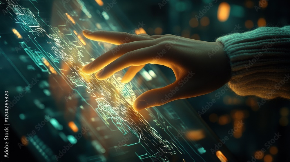 Poster hand interacting with a glowing touch screen, symbolizing interaction and connection between humans 