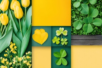 Spring mood board featuring bright yellow tulips, clover leaves, rustic horseshoes, and lush greenery in natural tones