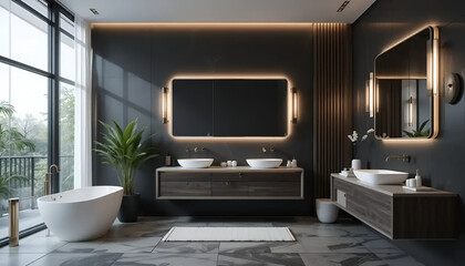   modern  bathroom  design  interior  black color background and white and warm  light items 