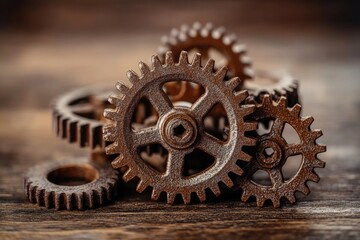 Rusty gears interlock on a dark wooden surface, symbolizing machinery and industry.