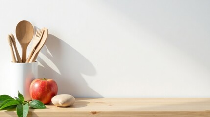 Wooden Utensils in White Holder with Apple and Stone on Light Wooden Shelf
