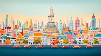 Vibrant city skyline with colorful structures.