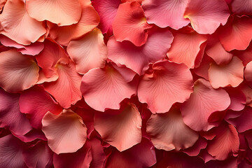 Obraz premium A dreamy bed decorated with red and pink rose petals scattered delicately across the soft bedding, evoking a romantic and intimate mood.