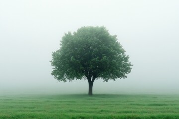 Fototapeta premium A solitary tree standing in a vast, fog-covered field.