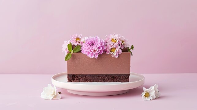 Elegant Chocolate Cake Decorated with Fresh Pink Flowers