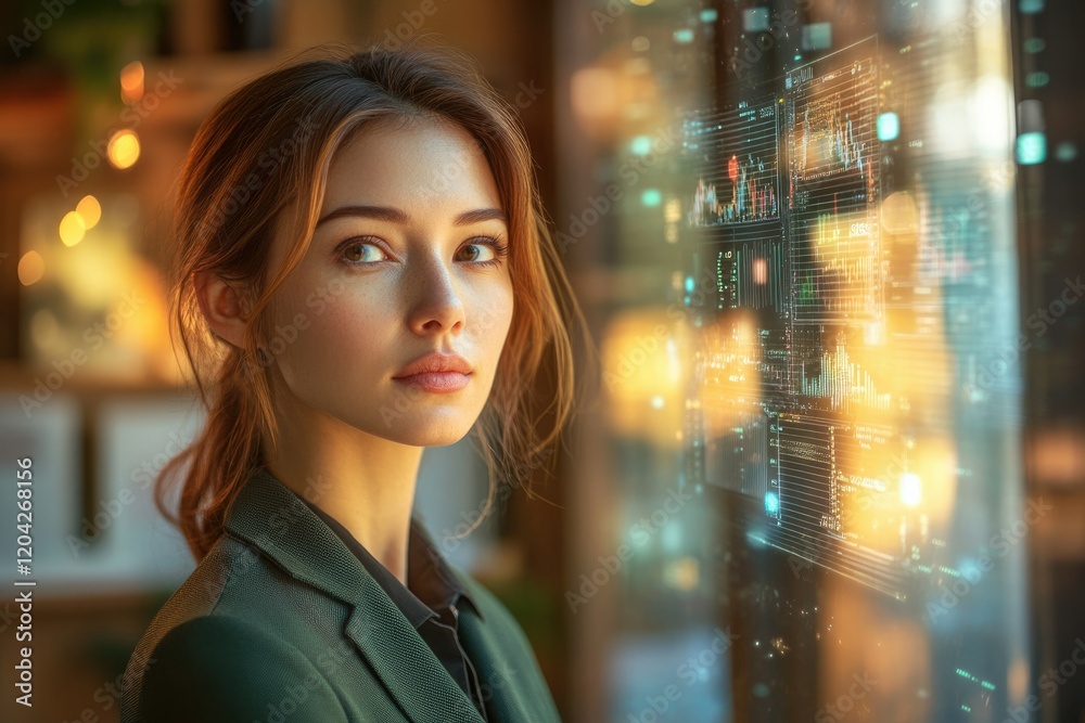 Aufkleber a young woman, serious and pensive, gazes towards a screen displaying dynamic data visualizations.