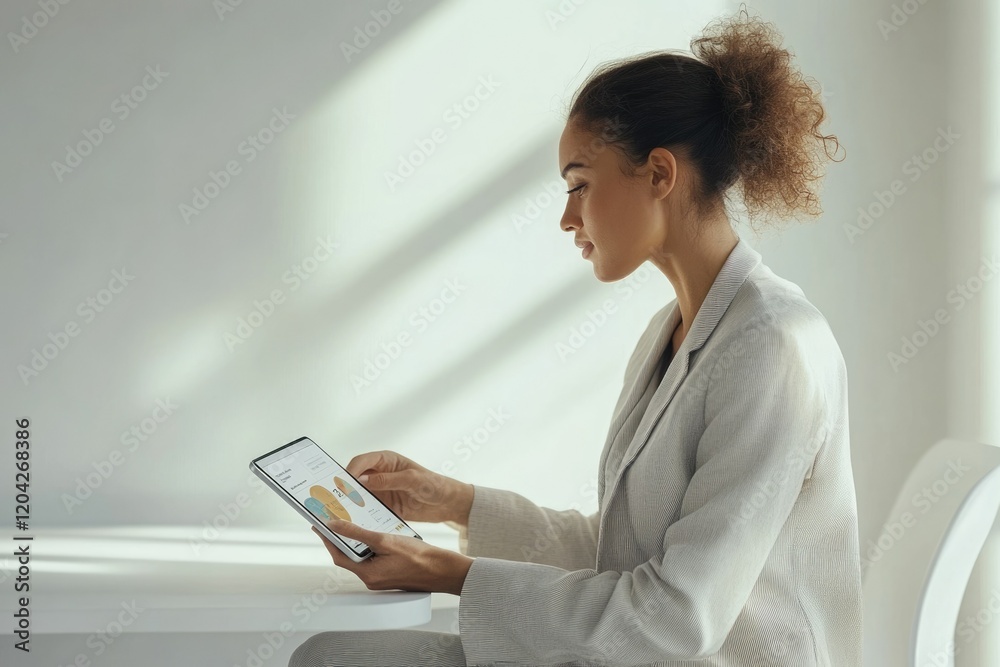 Poster a businesswoman analyzes data on her tablet, focusing intently on charts and graphs in a bright, mod