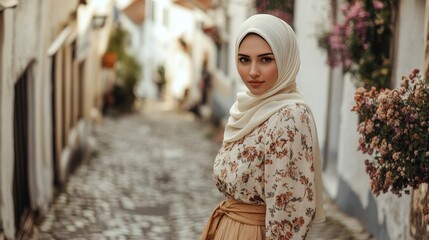 Fototapeta premium Young Woman Wearing Floral Dress and Headscarf in Alleyway