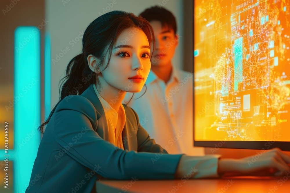 Aufkleber A young woman in a teal blazer works intently at a computer displaying an orange, data-heavy interface, a man blurred in the background.