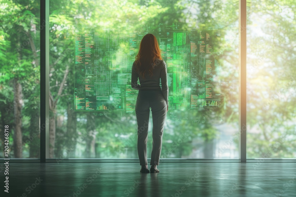 Fototapete A woman stands before a large window displaying a futuristic green code interface, symbolizing technological advancement and innovation.