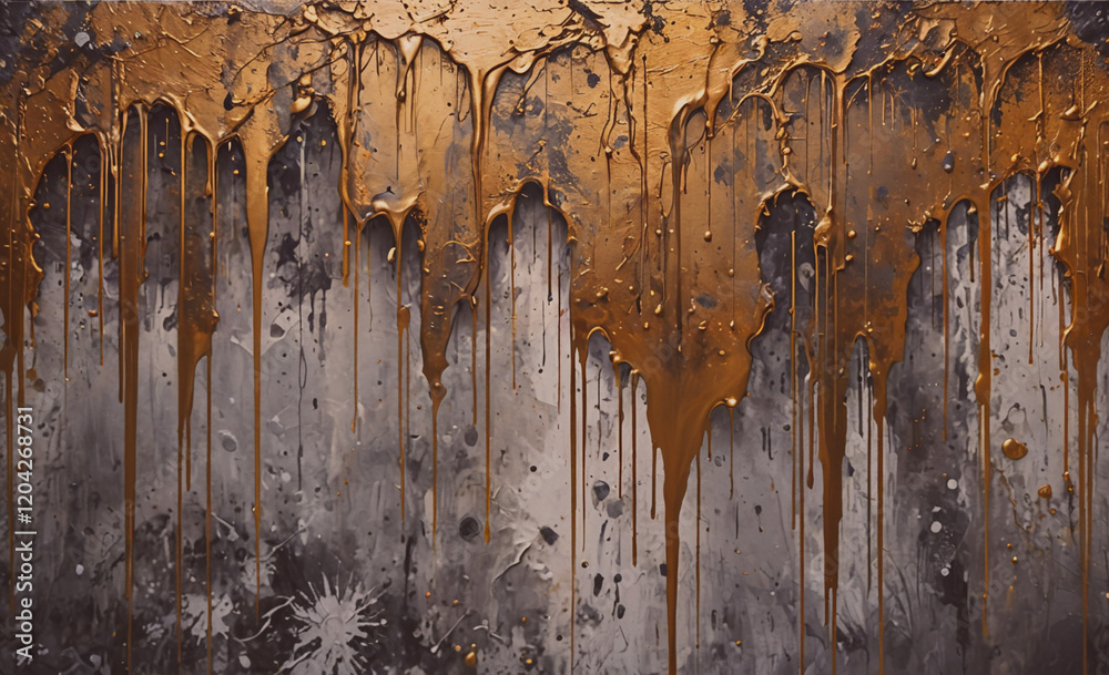 Poster a painting of a wall with gold paint dripping down it. the painting has a moody and dramatic feel to