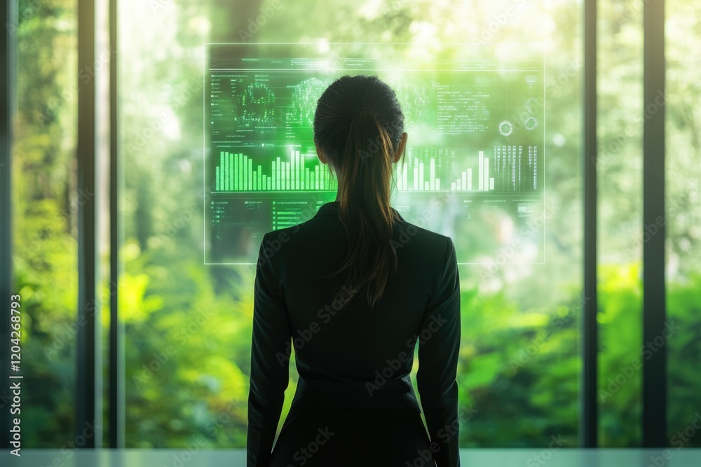 Poster a businesswoman views a holographic display showing green environmental data and graphs.