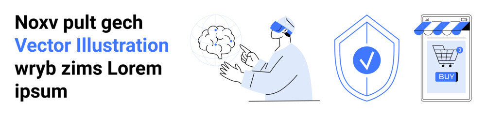 Man in VR headset exploring brain, security shield with check mark, shopping cart with buy button. Ideal for technology, AI, cybersecurity, e-commerce, virtual reality, brain research, online