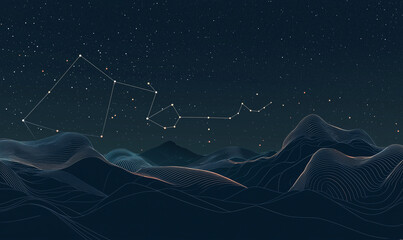 Starry night sky over rugged mountains, showcasing constellations and a serene atmosphere.