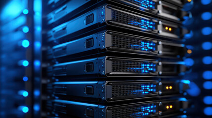 High tech server rack with glowing blue lights and multiple