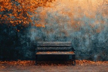 Autumnal scene: A weathered bench sits against a textured wall, adorned with fallen leaves and a tree branch with vibrant orange foliage.