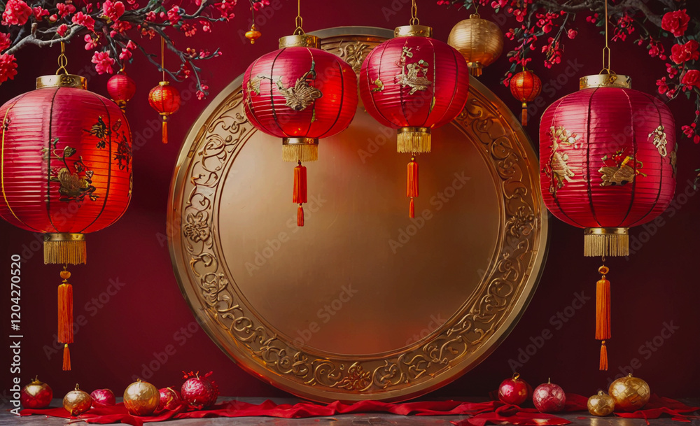 Poster A red and gold table with four red lanterns hanging from it. The lanterns are hanging from the ceiling and are of different sizes. The table is surrounded by red and gold decorations, creating a