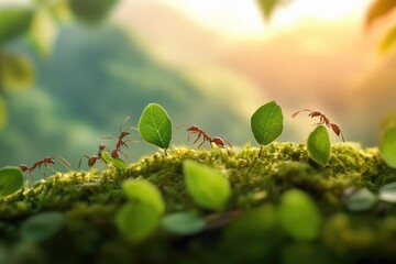 Teamwork of ants carrying leaves in a lush green mossy environment, bathed in sunlight.