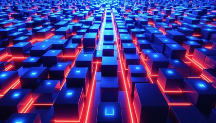 Obraz premium Geometric pattern with a neon grid, featuring cubes and tessellation, symbolizes the interconnectedness of global networking and the evolution of ai.