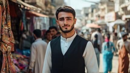 Obraz premium Young Man Posing In A Busy Market Setting