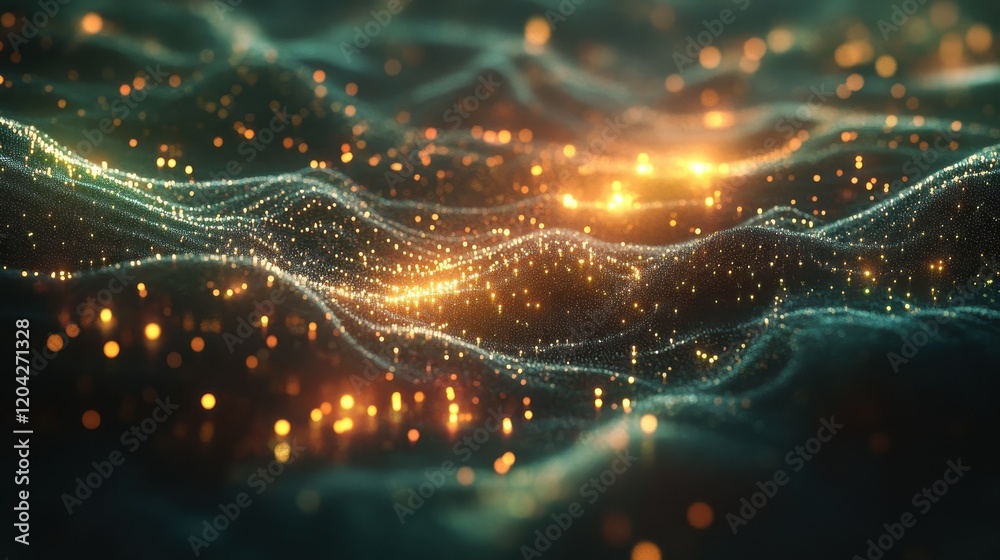 Poster glowing data points forming a complex network in a digital landscape