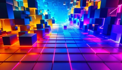 Geometric pattern with a neon grid, featuring cubes and tessellation, symbolizes the interconnectedness of global networking and the evolution of ai.