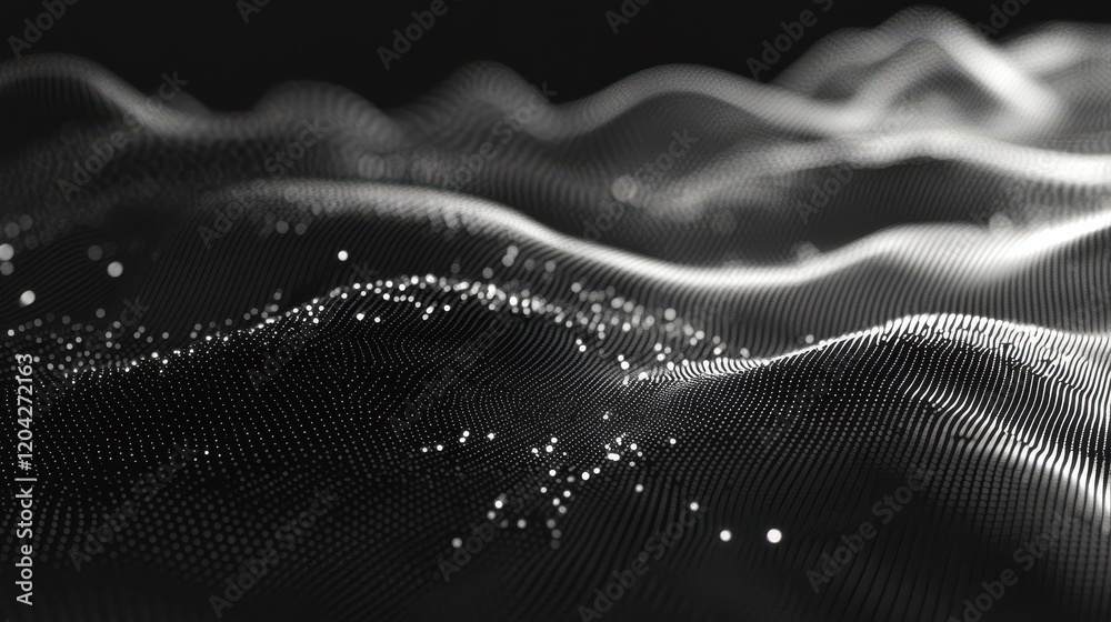 Poster dots particle waves. digital surface, abstract data cyber information background. 3d dynamic flow, t