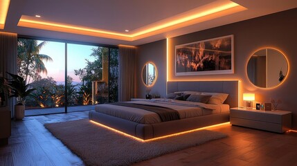 Fototapeta premium Modern bedroom with ocean view, sunset lighting, and minimalist decor; ideal for real estate or interior design