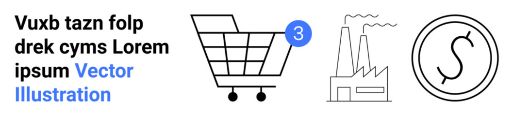 Fototapeta premium Shopping cart with notification badge, factory building with smokestacks, and currency symbol. Ideal for e-commerce, retail, business, industry, manufacturing, economy, finance. Landing page
