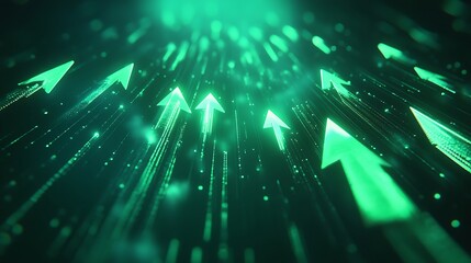 A cluster of arrows, each pointing upwards with a radiant green glow surrounding them, illustrating progress and direction.