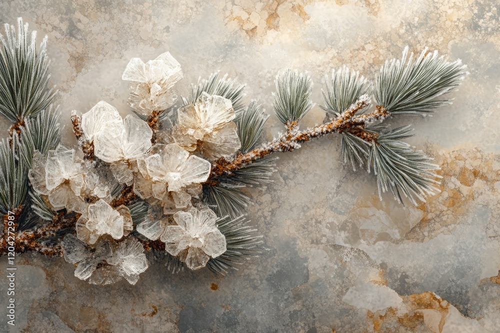 Poster frost-covered pine branch with ice crystals resembling delicate flowers on a textured background.