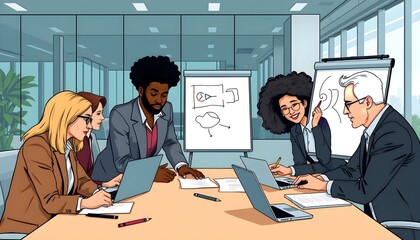 Modern Business Team Brainstorming: A Vibrant Pop Art Meeting