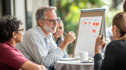 A candid moment of a business meeting in progress, showing a mix of diverse professionals discussing ideas, one person writing on a flip chart, and another sipping coffee while listening intently